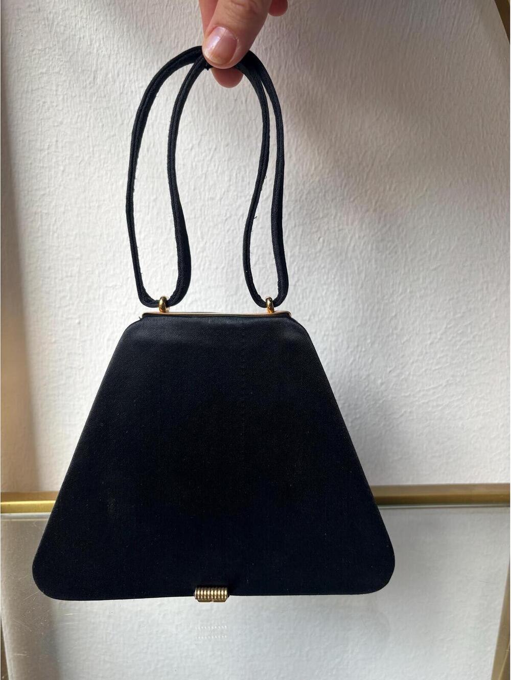 Vintage 1950s J.B. Barcelona Black Satin Gold Framed Compact Bag
